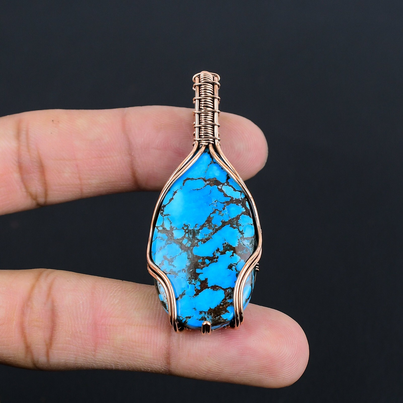 Blue Turquoise Gemstone Copper Wire Wrapped Women Gift Pendant Jewelry LC-318