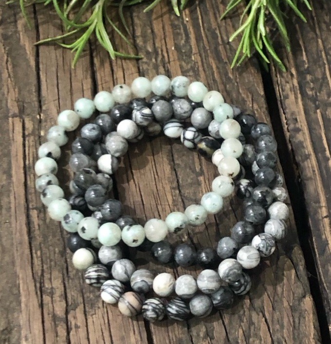 Natural Stone Beaded Bracelet Set, 4 Pieces, Small Beads
