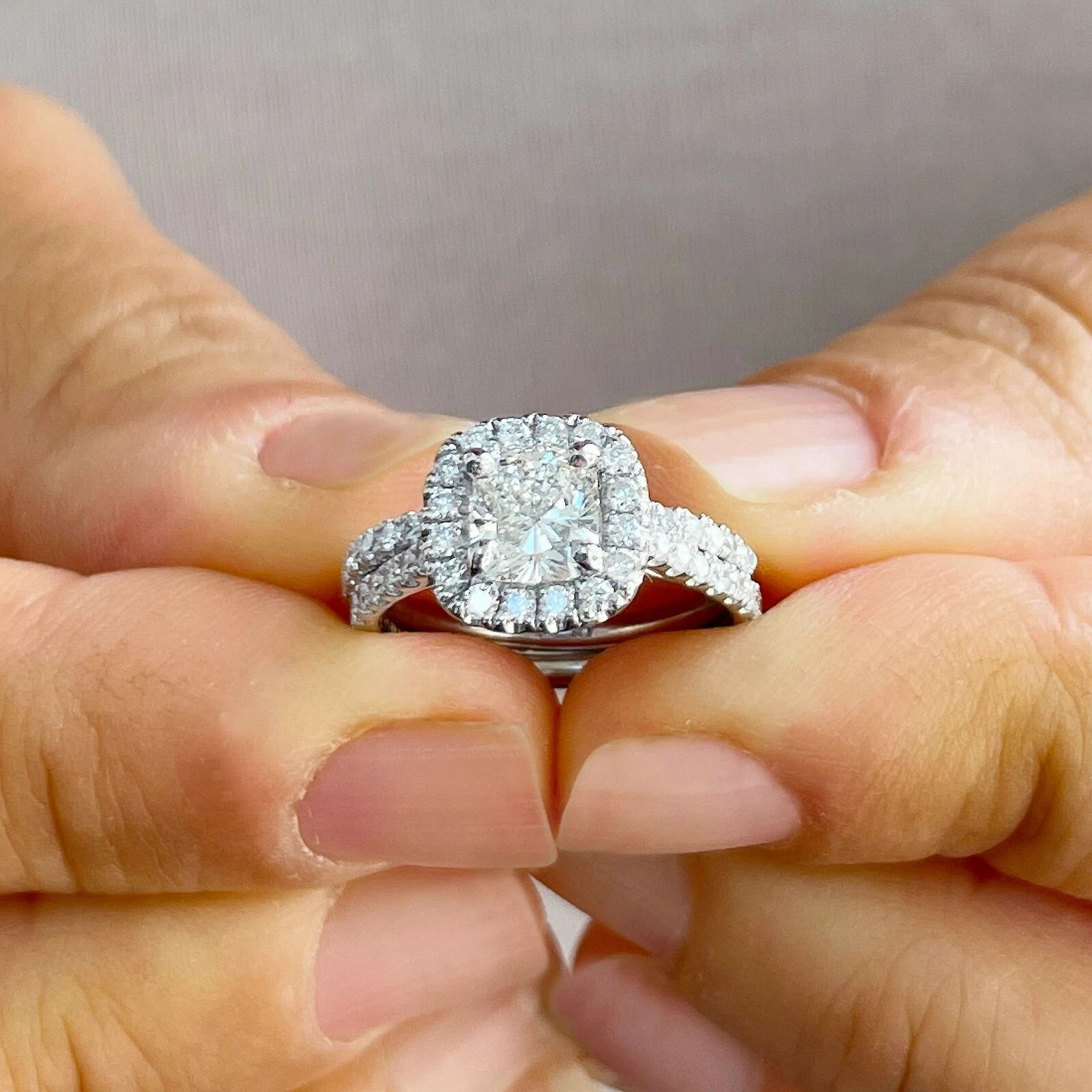 Certified Natural 2ct F/VS1 Cushion Diamond Solid 14K White Gold Engagement Ring
