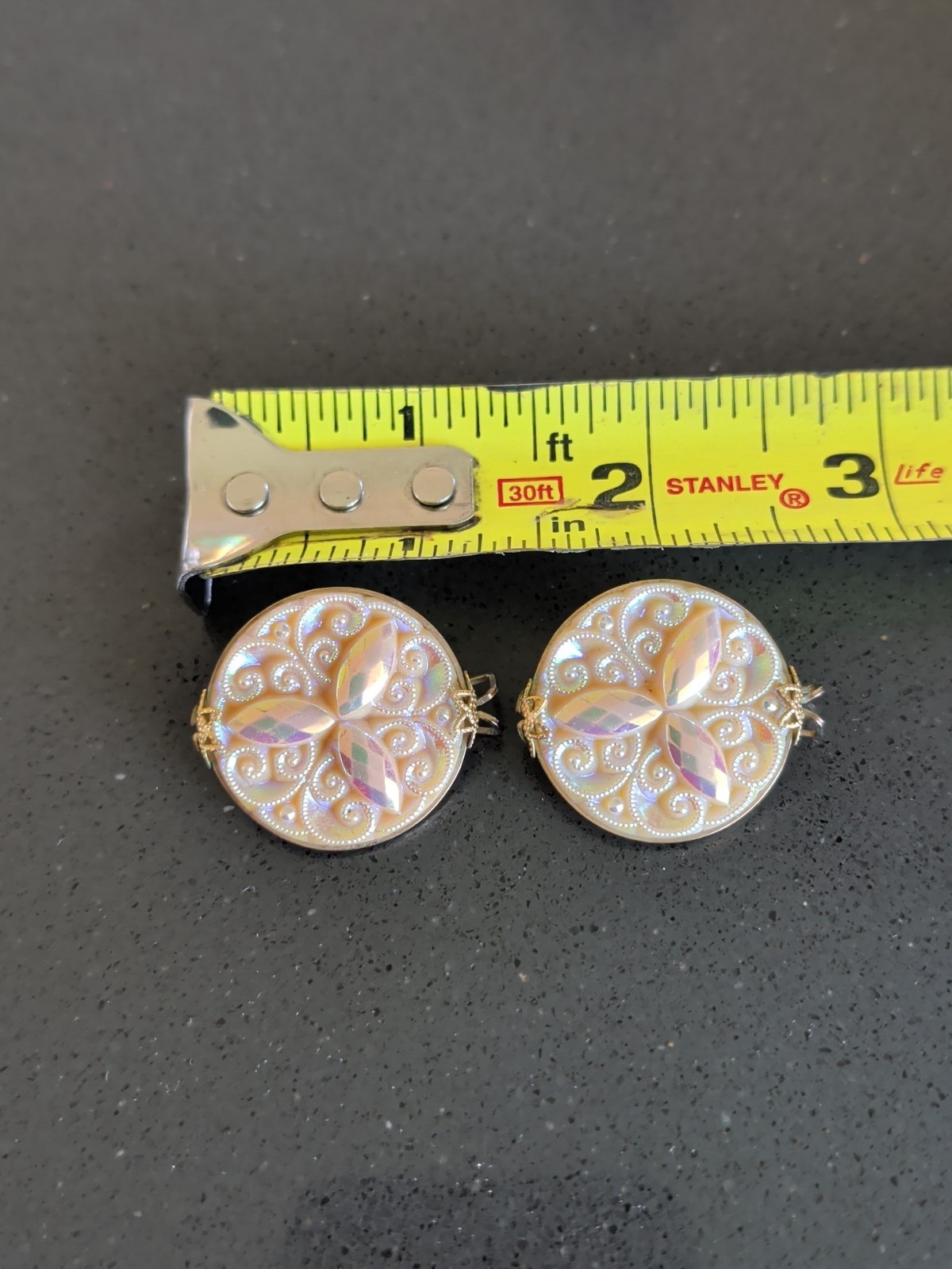Vintage MCM Hillcraft Gold White Iridescent Lucite Clip Earrings Mid Century N90
