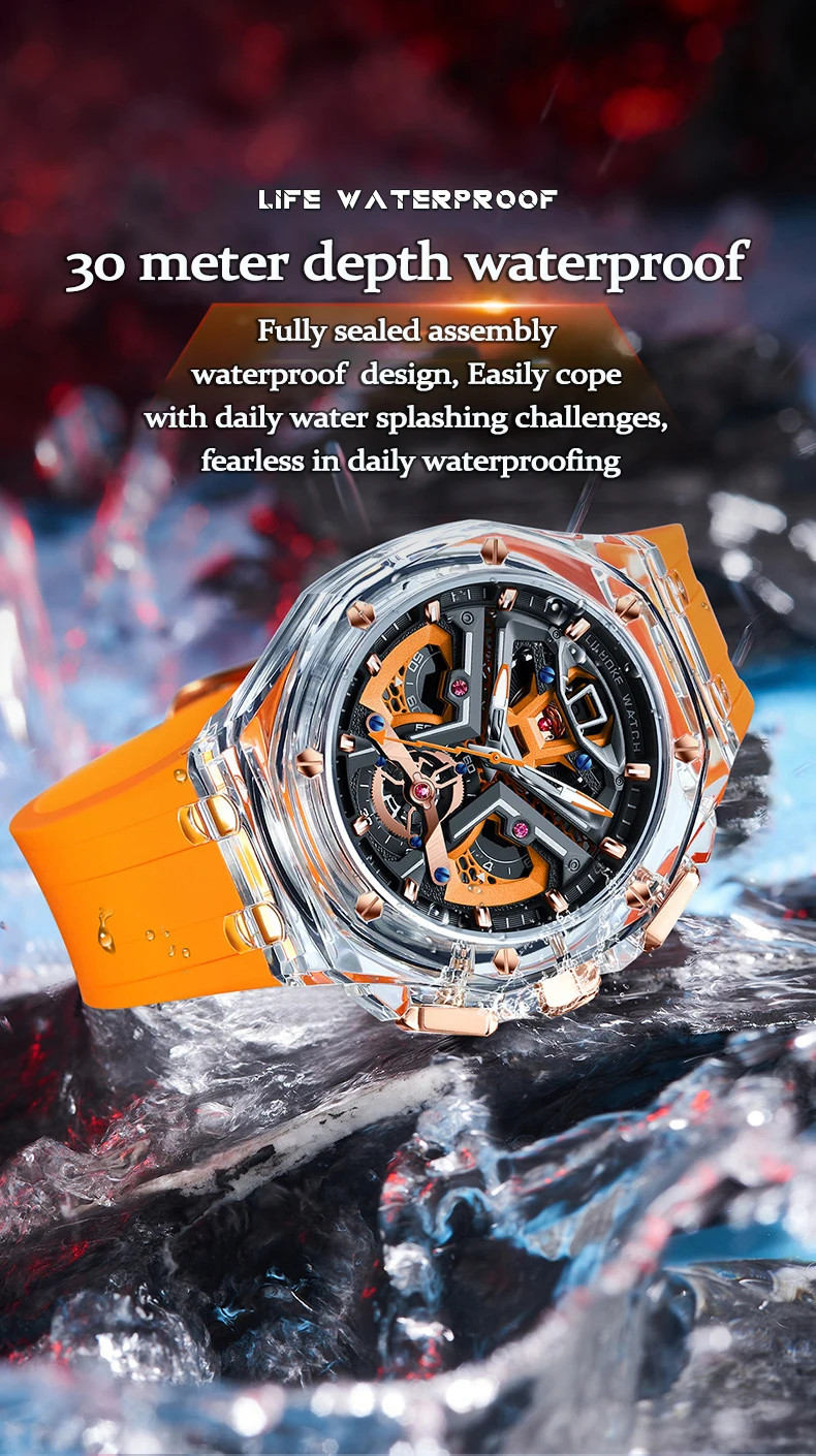 Men’s Transparent Case Watch Night Glow Fashion Sports Waterproof Casual
