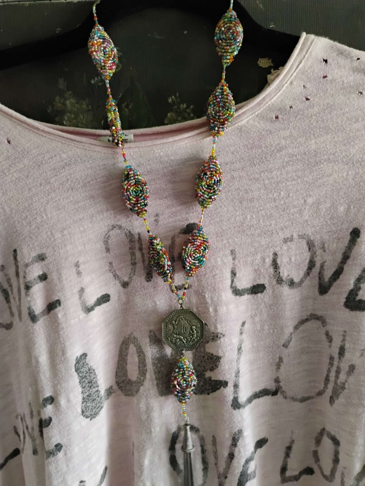 Stunning Antique Medal With Vintage Seed Beads Tassel Necklace Original