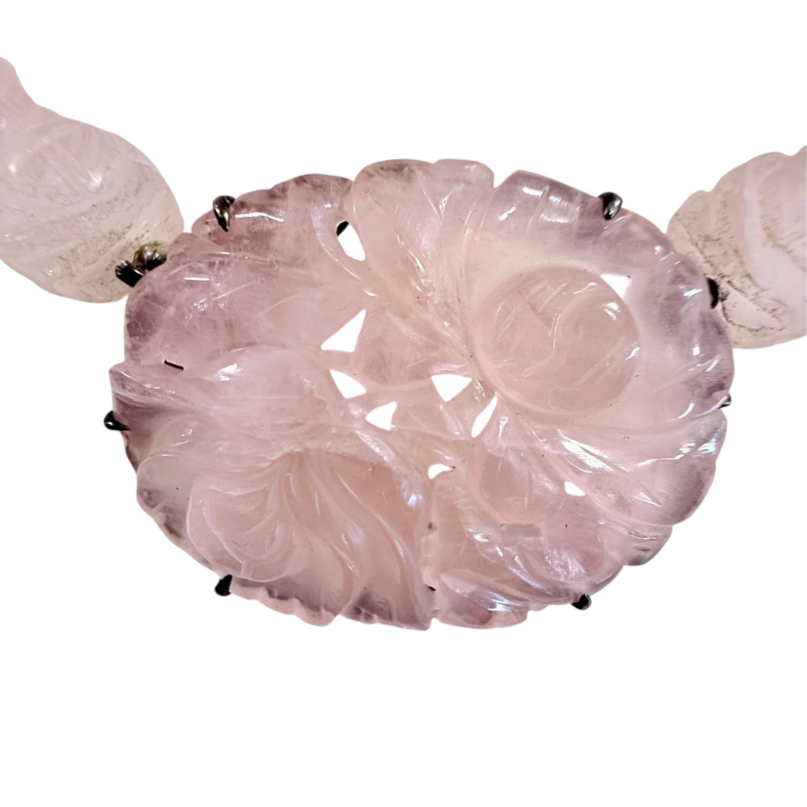 Vintage Carved Rose Quartz & Sterling Silver Statement Necklace