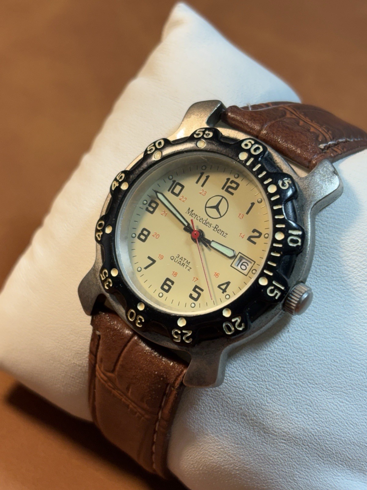 Vintage Mercedes Benz Men Field Watch Beige Dial,37mm,Rotating Beze,Date
