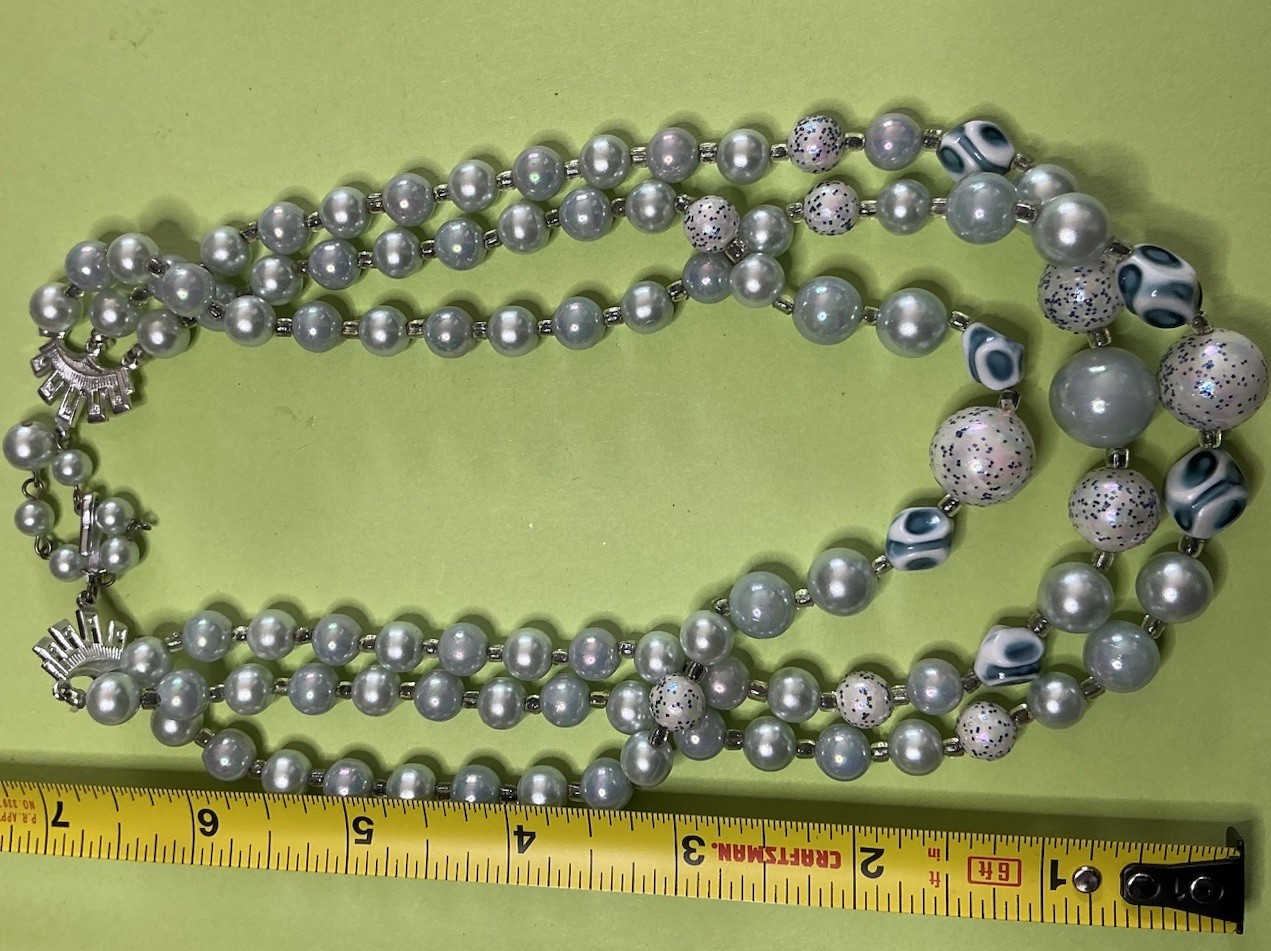 Gray Blue beads Multi Strand Beaded Necklace Glass Beads Silver Tone Hook
