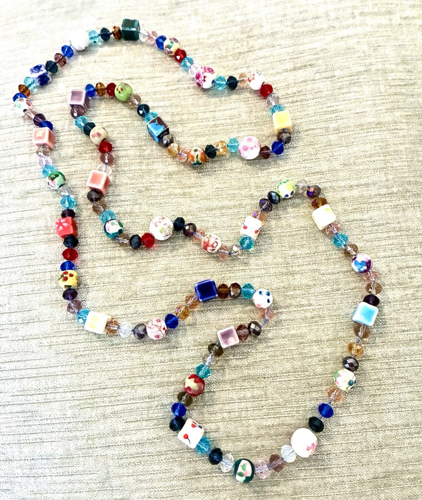 Necklace Colorful Mixed Media~Glass Beads,HandPainted Ceramic Sq/Rnd Beads 22”