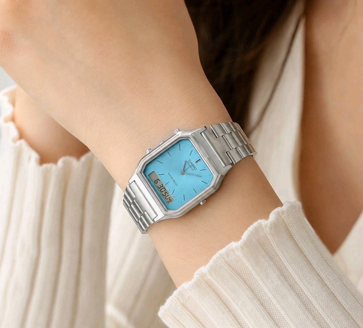 Casio AQ-230A-2A1MQY Ice Blue Analog Digital Retro Silver Watch New