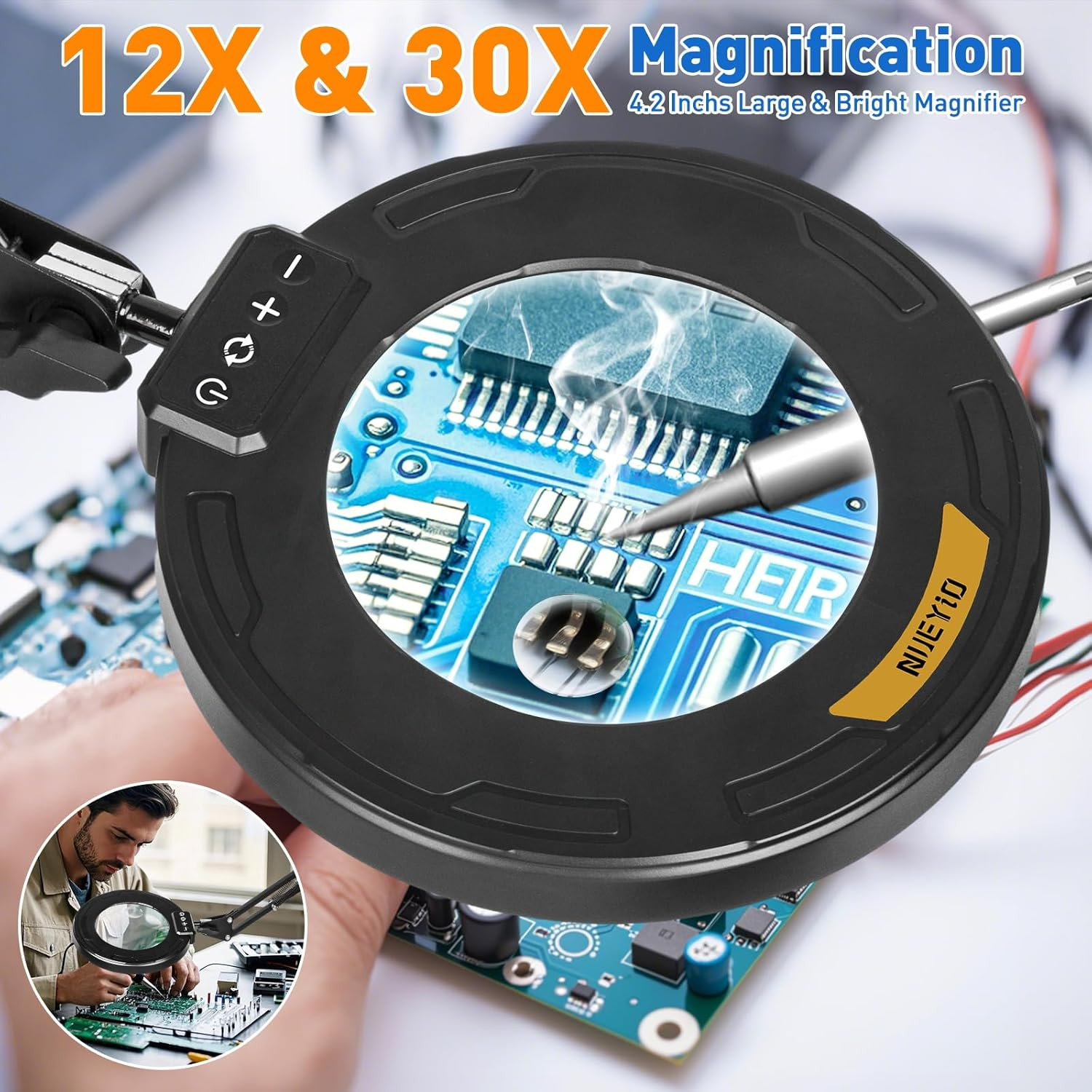 Ultra Long 3-Section Swing Arm 12X 30X Magnifying Glass with Light and Stand