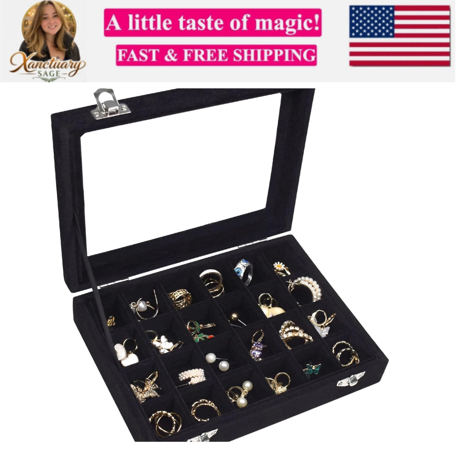 Velvet Jewelry Box 24 Grid Jewelry Ring Display Organiser Box Tray Holder Ear…