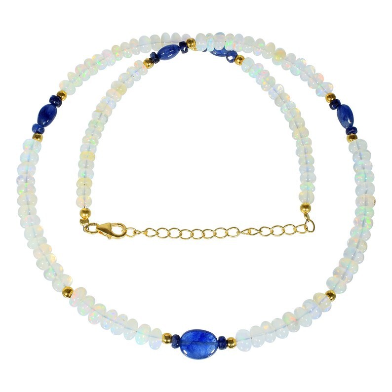 Natural Welo Fire Opal Blue Sapphire Beaded Necklace 925 Silver 18 in Handmade