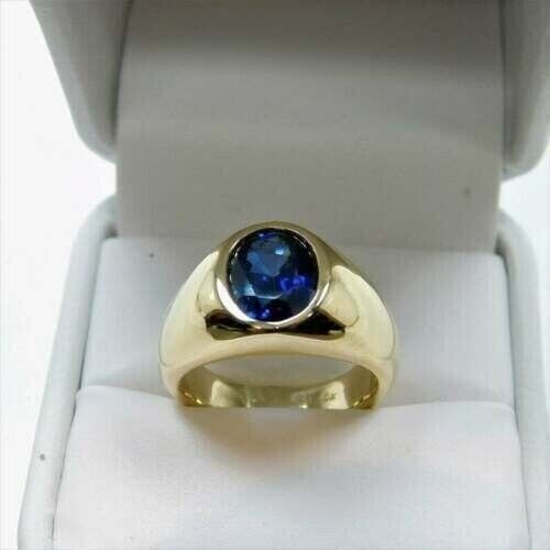 2 Ct Lab Created Oval Cut Blue Sapphire Ring For Men 14k Yellow Gold Plated