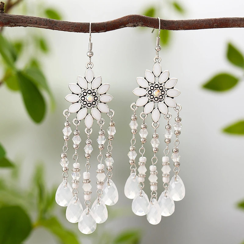 Bohemian Vacation Style Water Drop Tassel Earrings for Women Vintage Long Drop