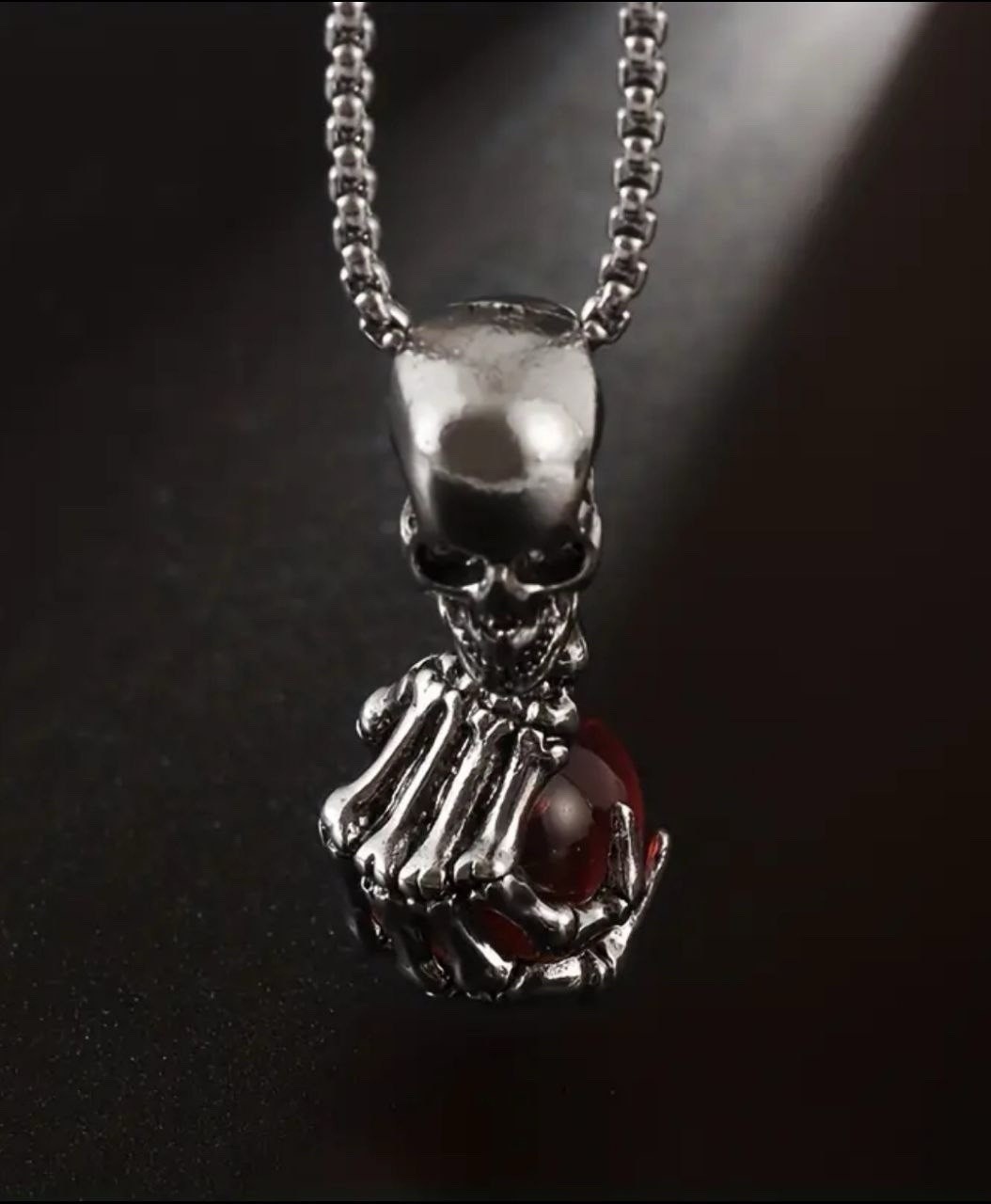 Skeleton Hand Skull Pendant Necklace with Red Orb, Silver Ball Chain Gothic