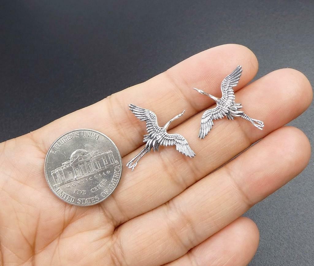 Unique Sterling Silver Flying Egret Stork Bird Stud Post Earrings Fine Details