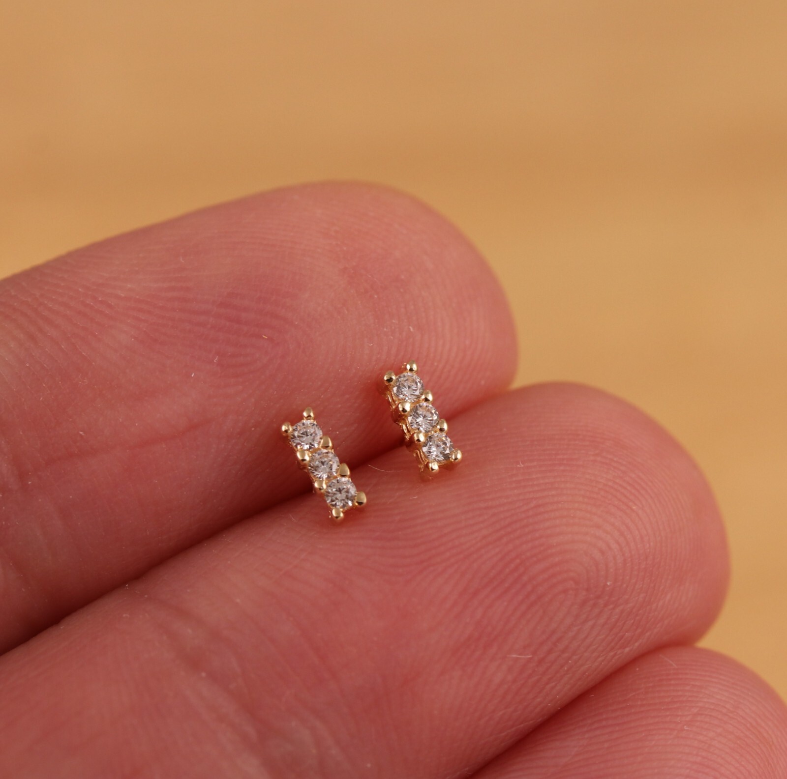 Genuine 9ct Gold Trinity CZ Bar Stud Earrings a Pair Gift Boxed