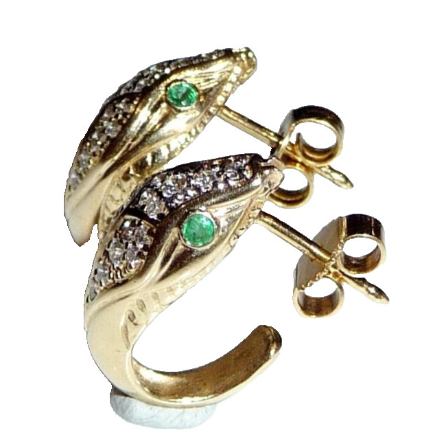 Snake 585 Gold Stud Earrings 0.46ct. Diamond Emeralds 4.2g