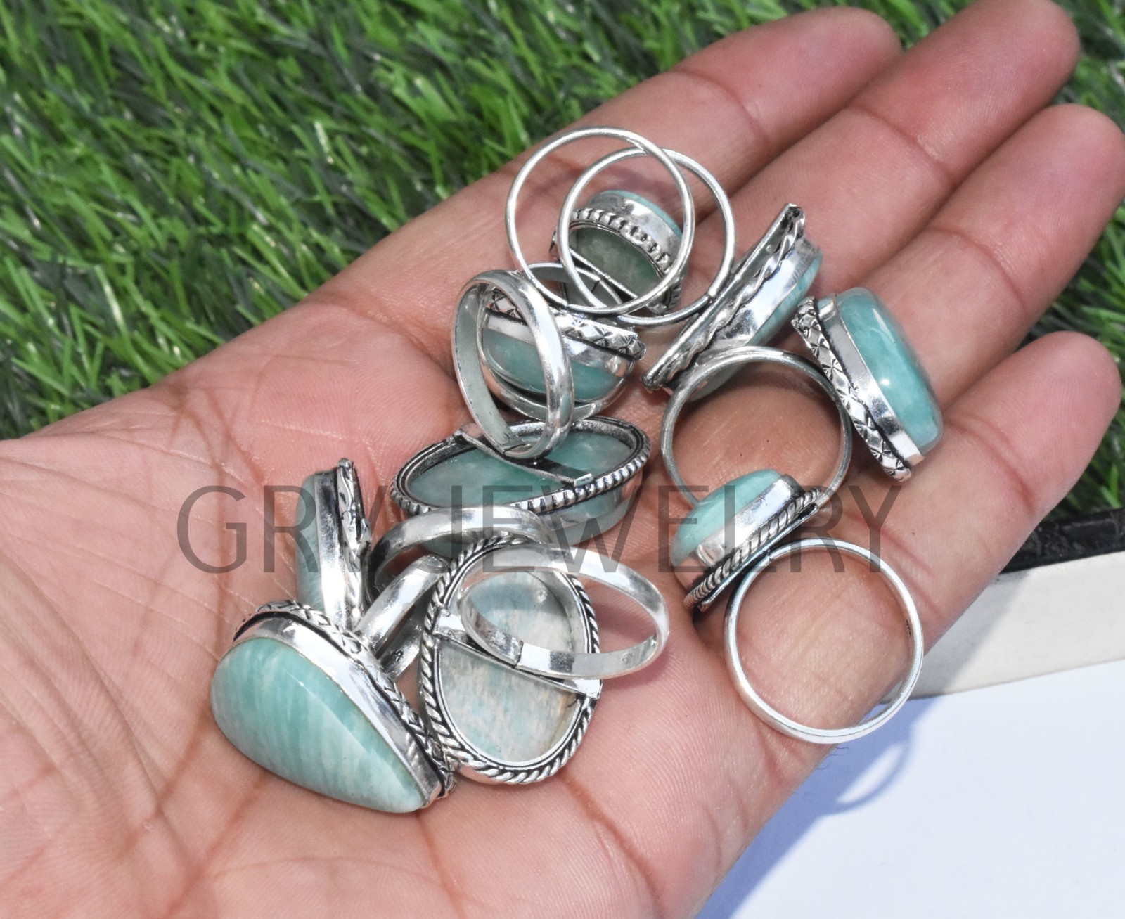 1-500 Pcs Natural Amazonite In Wholesale Gemstone Rings Lot: Silver Plated Whr-9