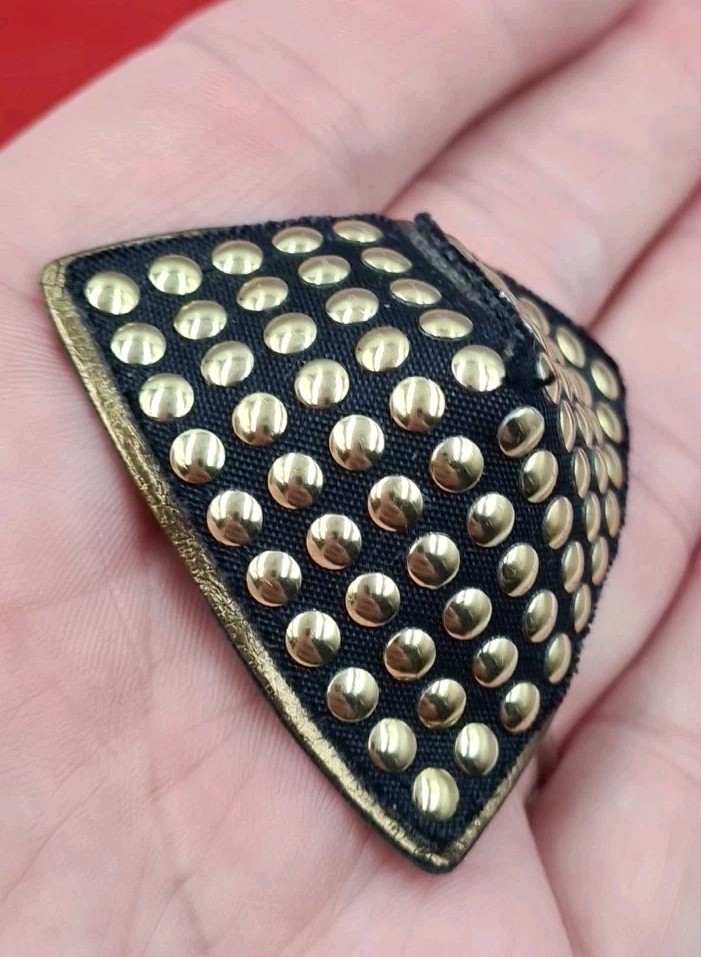 Vintage BLUETTE Black Gold Studded Fabric Faux Leather Large Clip-On Earrings