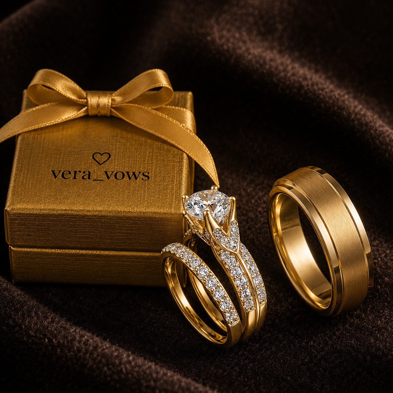 Round Pass Test Trio Ring Attractive 2Ct Moissanite 14k Yellow Gold Plated Set
