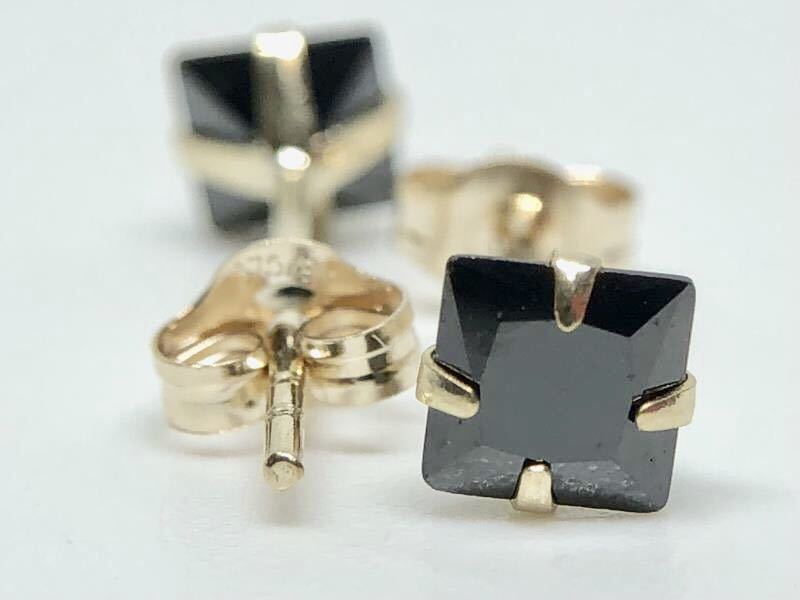REAL 9K SOLID YELLOW GOLD PRINCESS CUT BLACK DIAMOND EARRINGS.