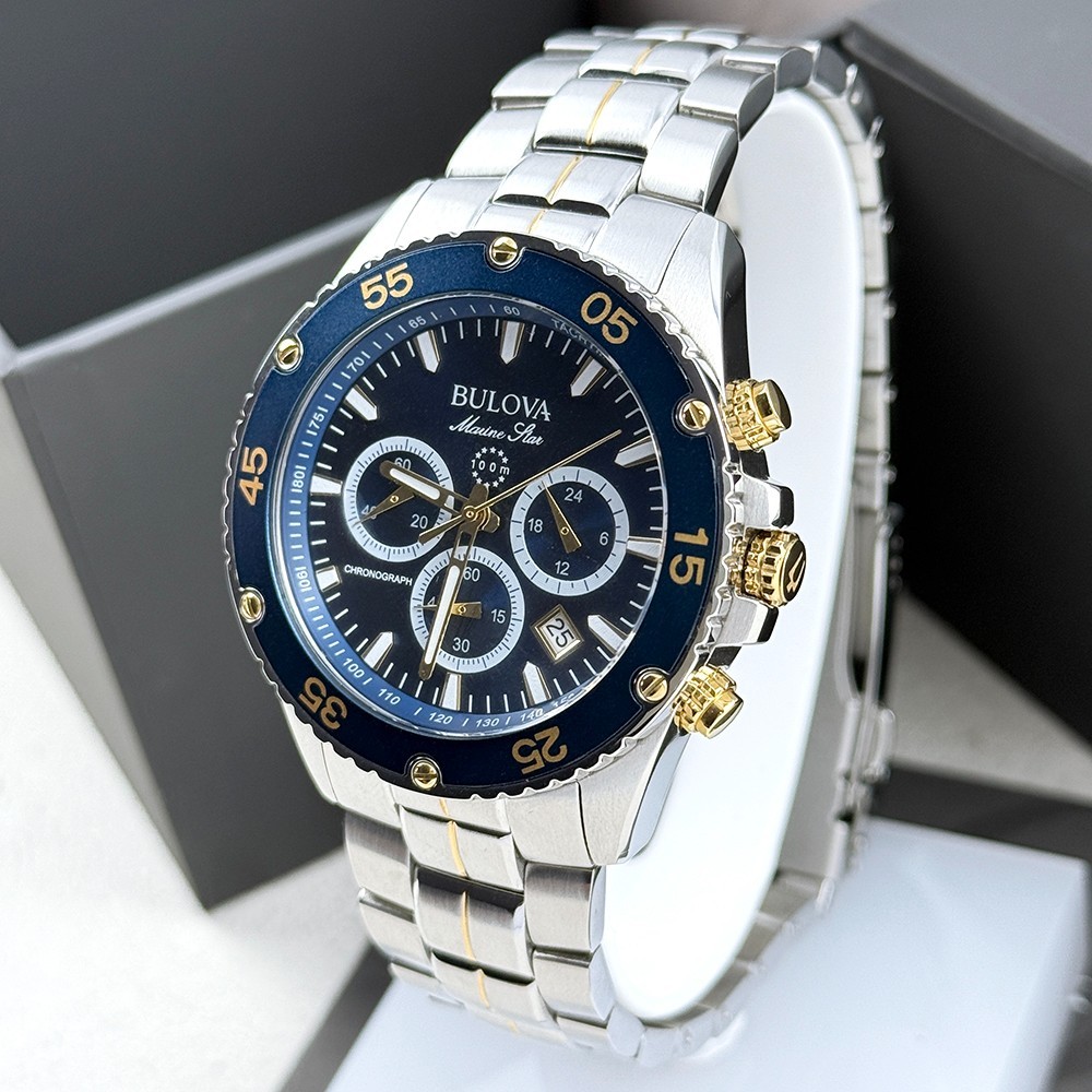 Bulova Men’s Marine Star 98B400 Chronograph Blue Dial Steel Quartz Watch 41.5mm