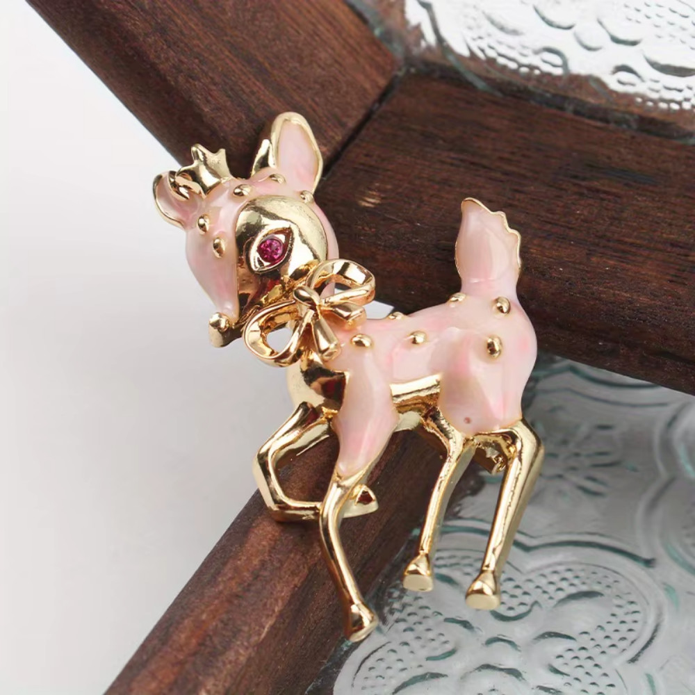 Luxury Pink Reindeer Brooch Pin –Enamel Christmas Holiday Jewelry Gift for Women