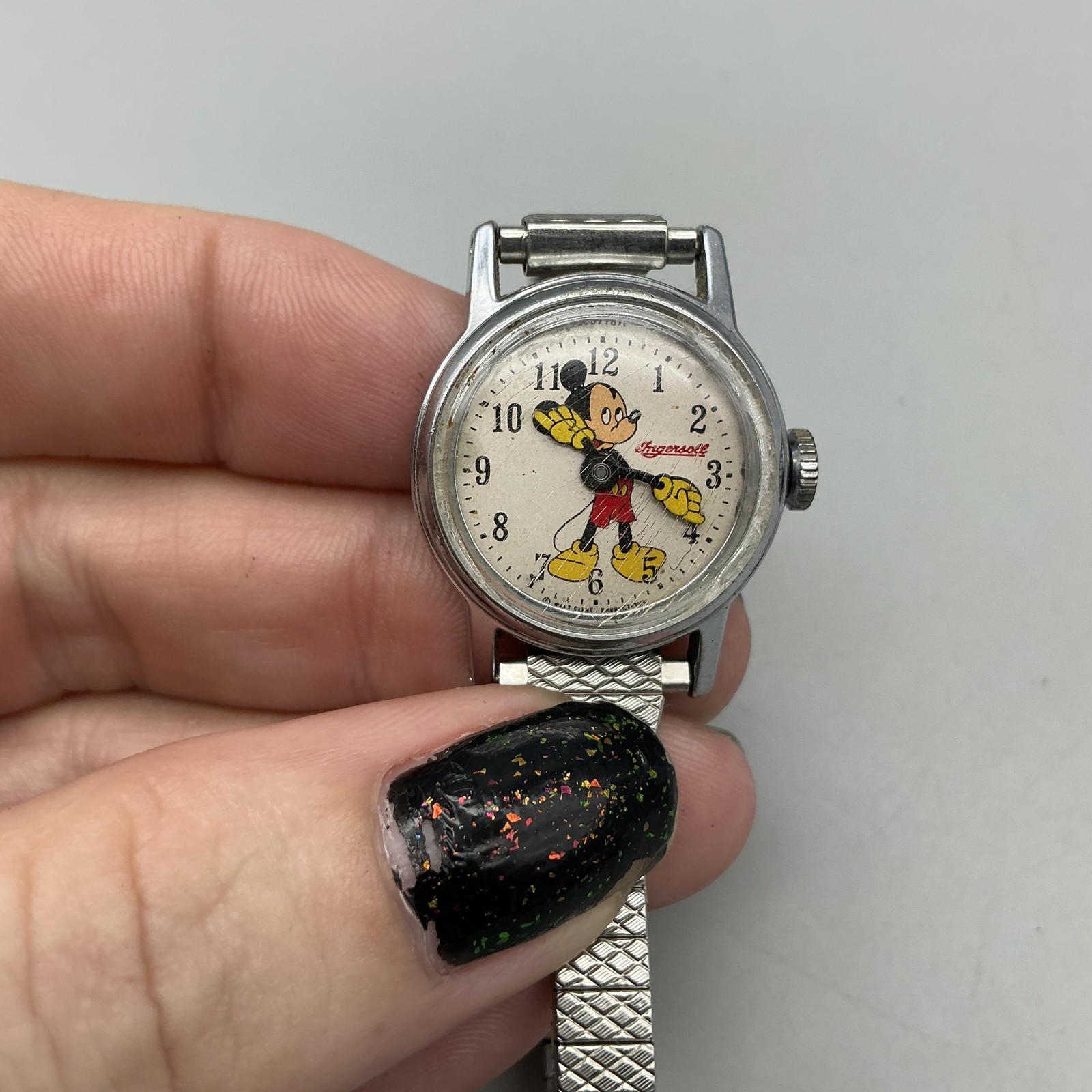Vtg Ingersoll Mickey Mouse Womens Watch 24mm Silver Tone Manual Stretch Band