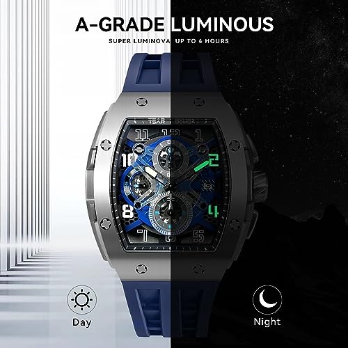 TSAR BOMBA Watch Tonneau Shape Silicone Strap SGLZ-TSAR BOMBA-8211 Silver Blue