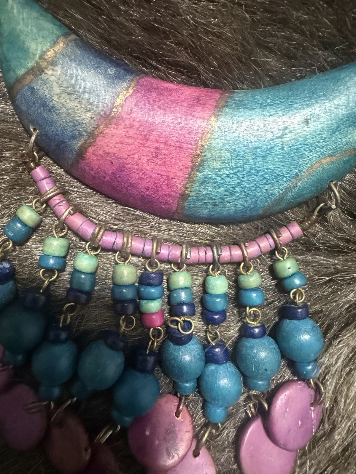 Multicolor Wood & Glass Beaded Bib Necklace Bohemian Crescent Pendant Hook