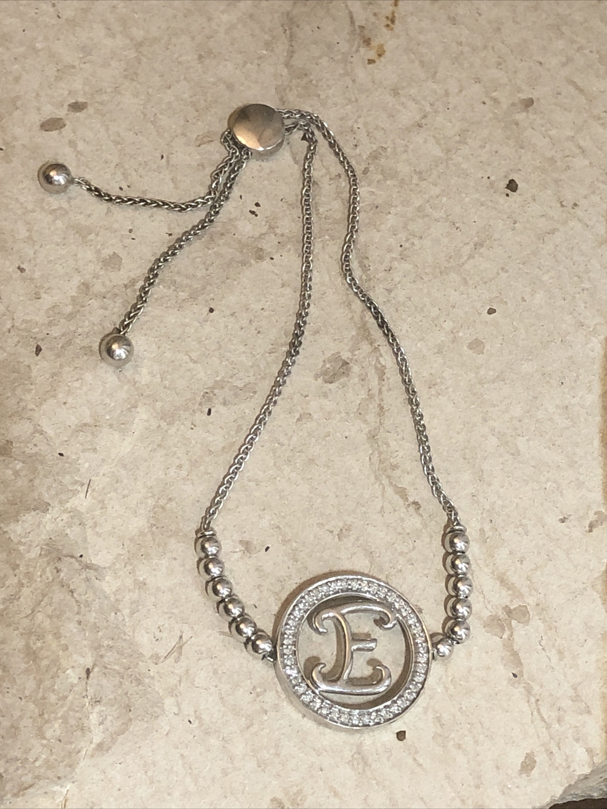 KSJ 925 Sterling Silver Initial Alphabet Letter E Diamond Bolo Chain Bracelet