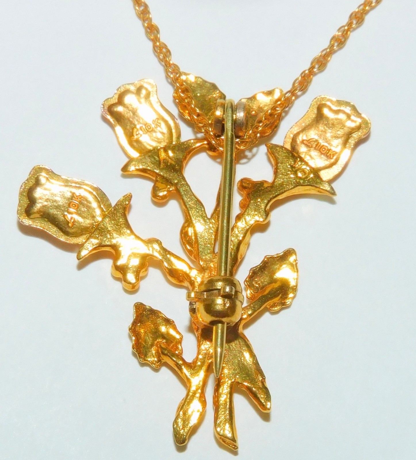 Black Hills Gold 10k Large Rose Bud Pendant Brooch Necklace