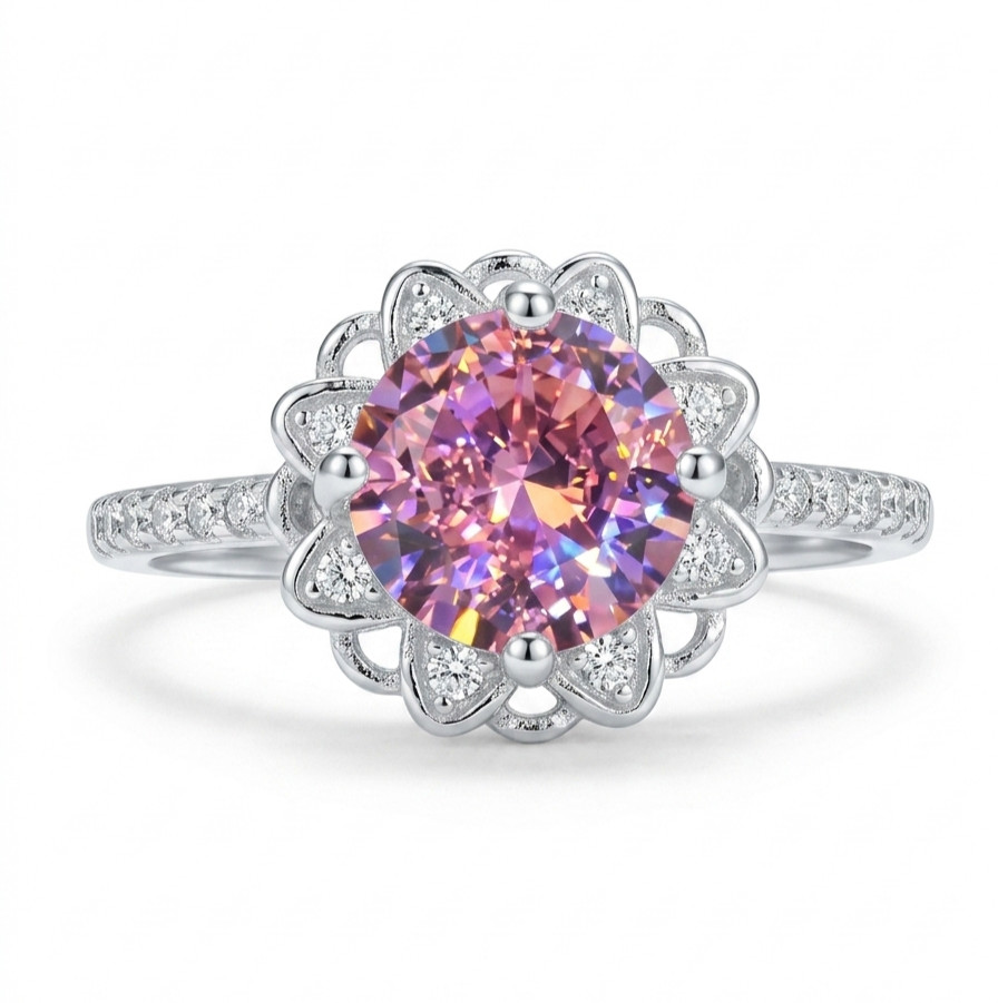 925 Silver Halo Ring, Pink Zircon Flower Engagement Ring, Handmade Promise Gift