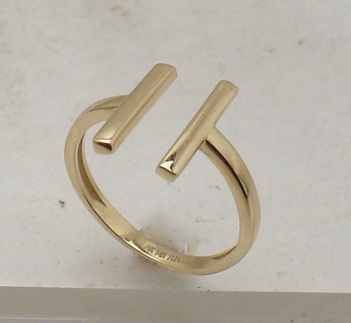 Adjustable Open Double T Bar Band Ring Solid Real 14K Yellow Gold QVC
