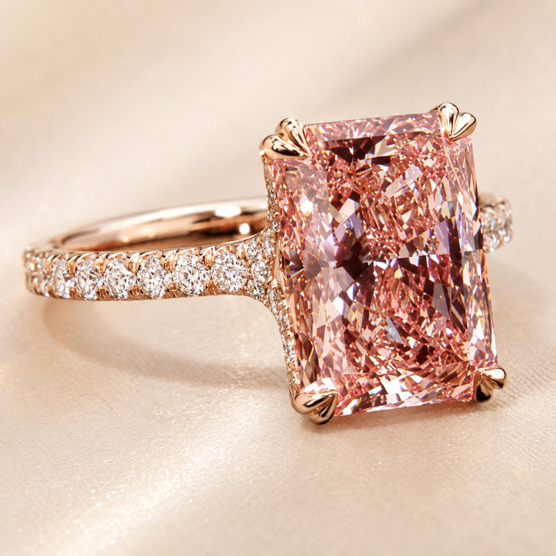 Diamond Ring 14k Rose Gold 5.35 Ct Radiant Cut Fancy Vivid Pink IGI Lab Grown