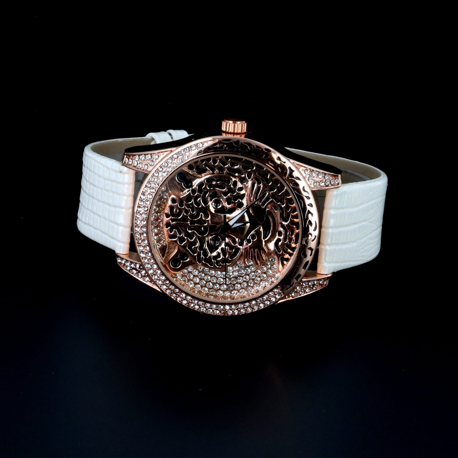 Hip Hop Rapper Gold Rose Tone 3D Tige Head Women’s Watch Faux Leather Band