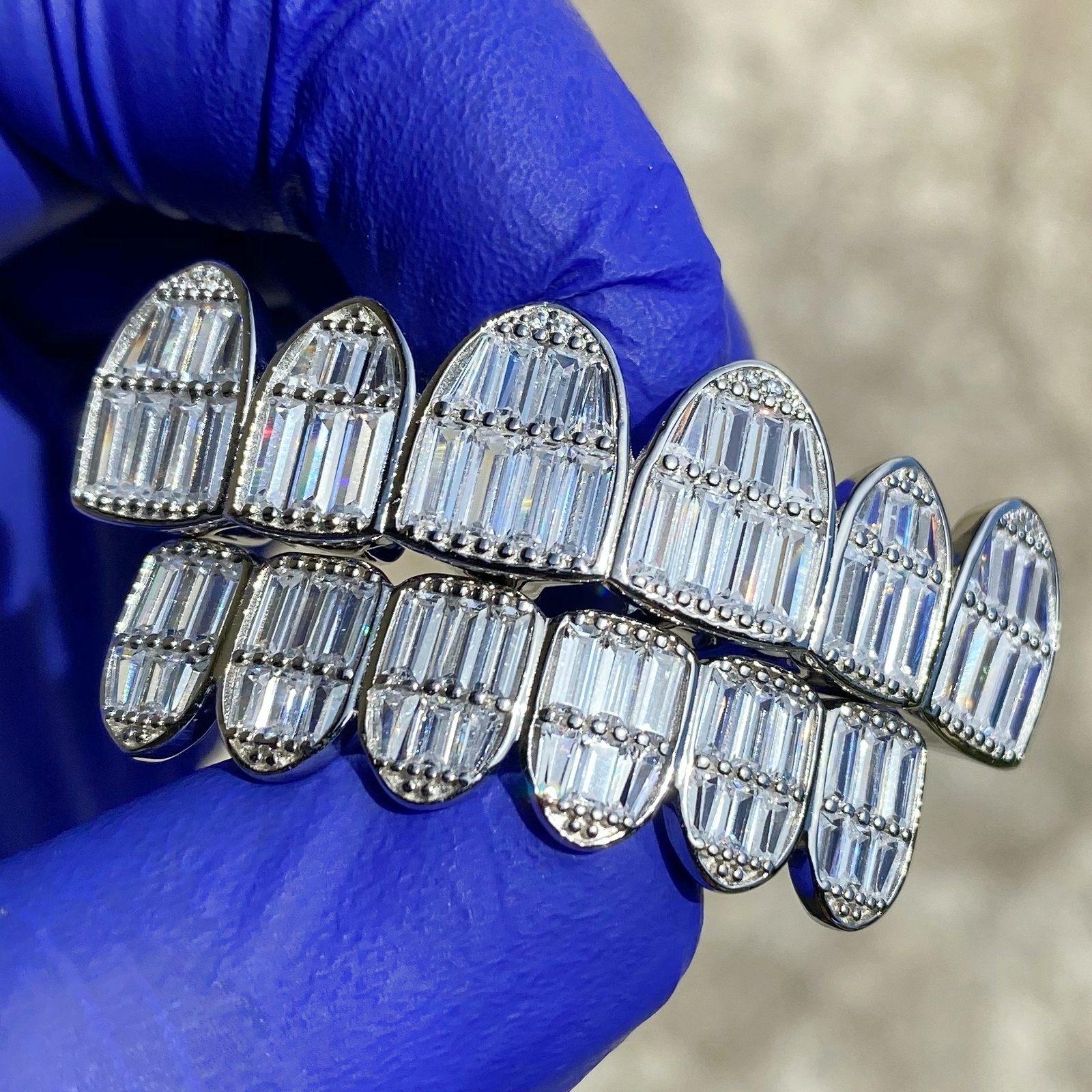 Real 925 Sterling Silver Grillz Set Iced Baguette CZ Flooded Out 6 on 6 Teeth