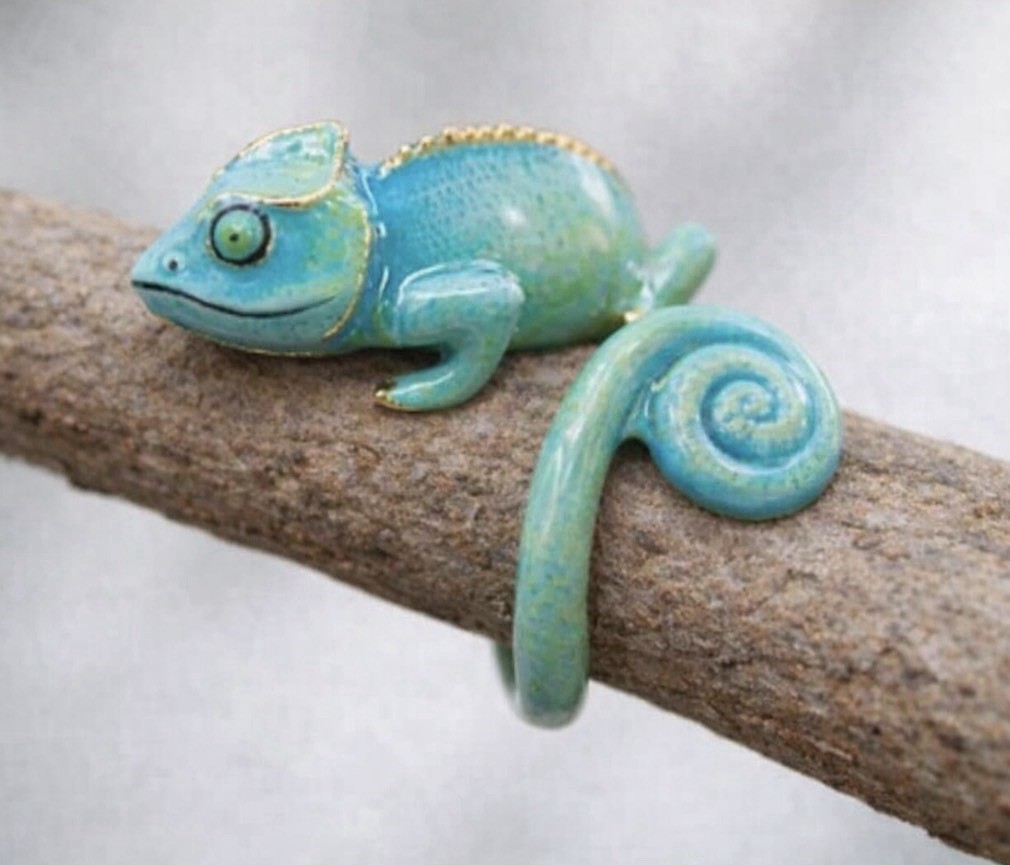 Chameleon Green Lizard Unique Enamel ring size 7.25 Gift Tropical Jewelry NEW