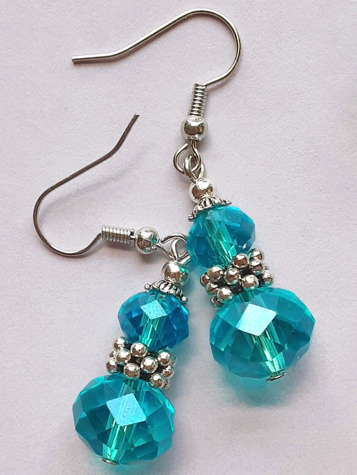 double AQUA BLUE Faceted CRYSTAL earring SP FISH HOOK handcrafted WPCF16
