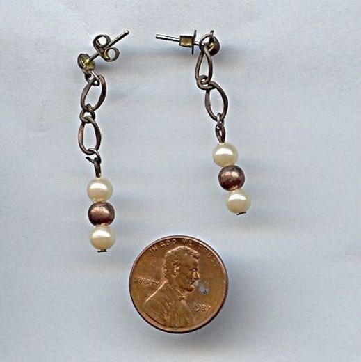 12 VINTAGE PEARL & COPPER BEADED BRASS CHAIN 1.50″ DANGLE DROP EARRINGS 3372