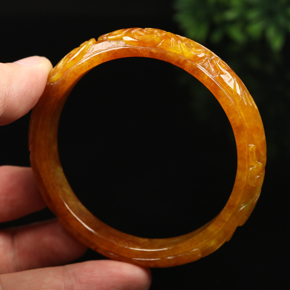 61mm Yellow Brown Jadeite Jade Bracelet Bangle Bat Lotus Burma Jade A-11767