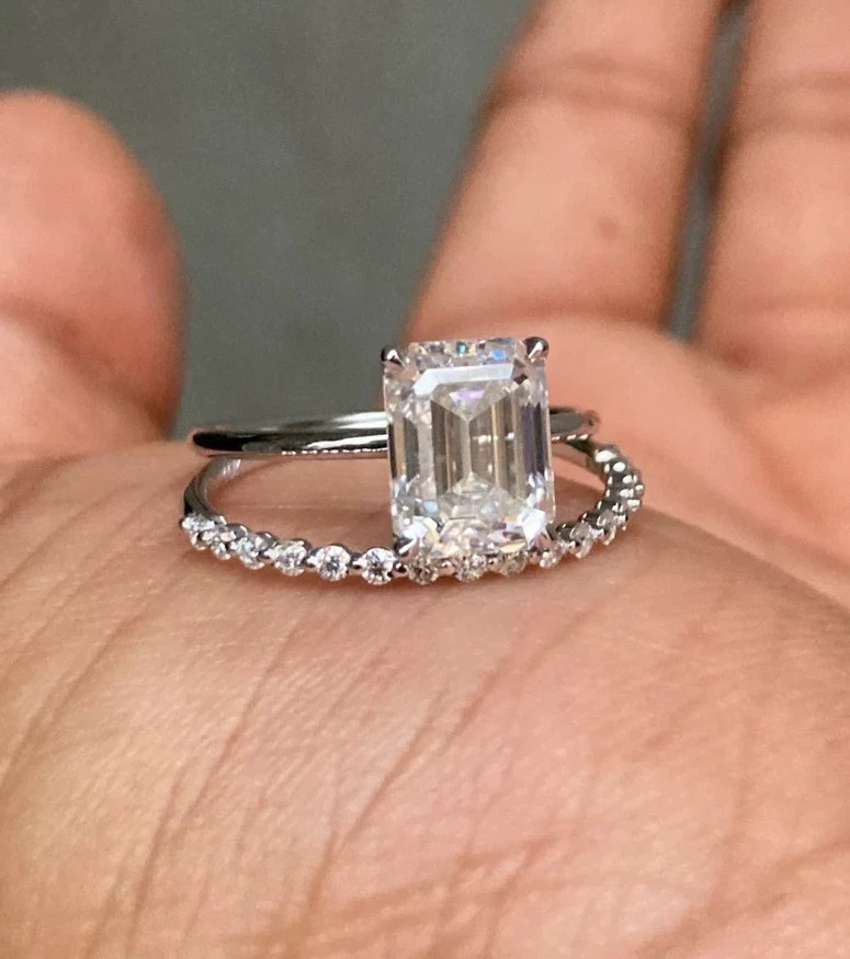 14k White Gold Emerald Cut Diamond Ring Set 3.25 Carat Lab Grown IGI VVS E F