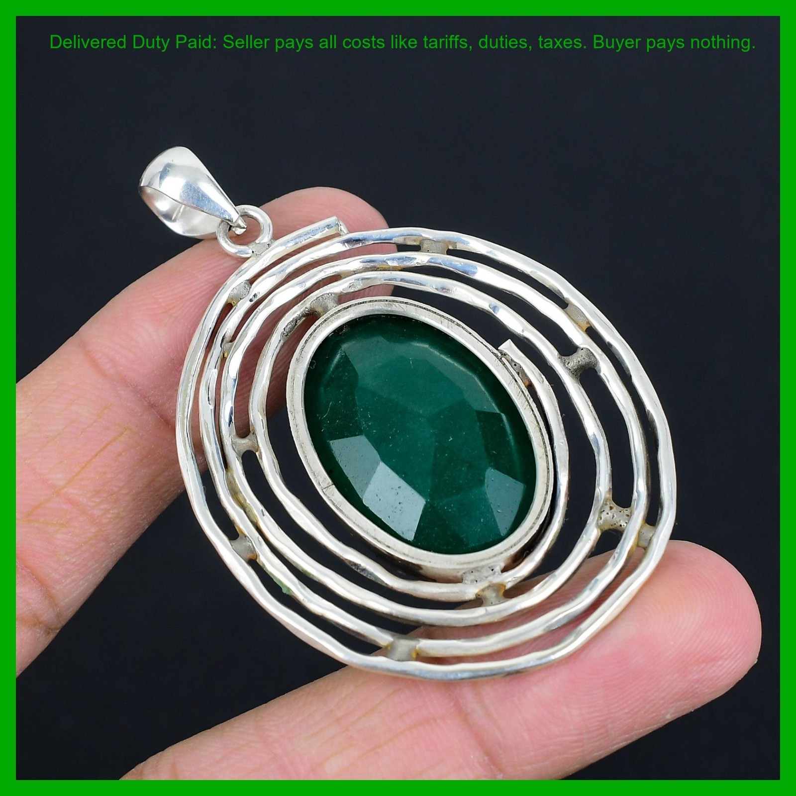 Valentines Sale Oval Natural Zambian Emrald Handcrafted Pendant Sterling Silver