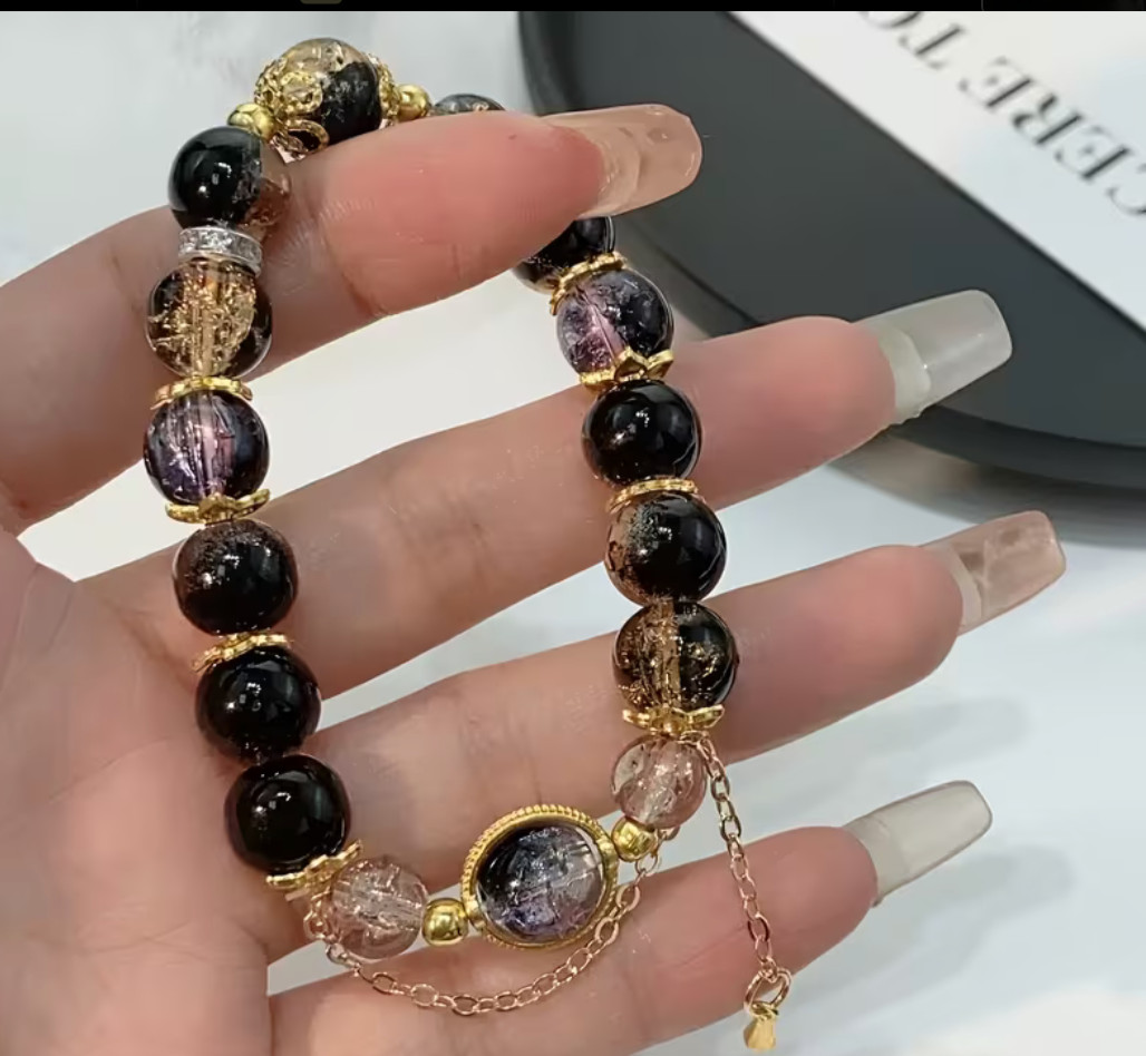 Black & Gold Phantom Quartz Bracelet 10mm Gemstone Beads Adjustable 16cm