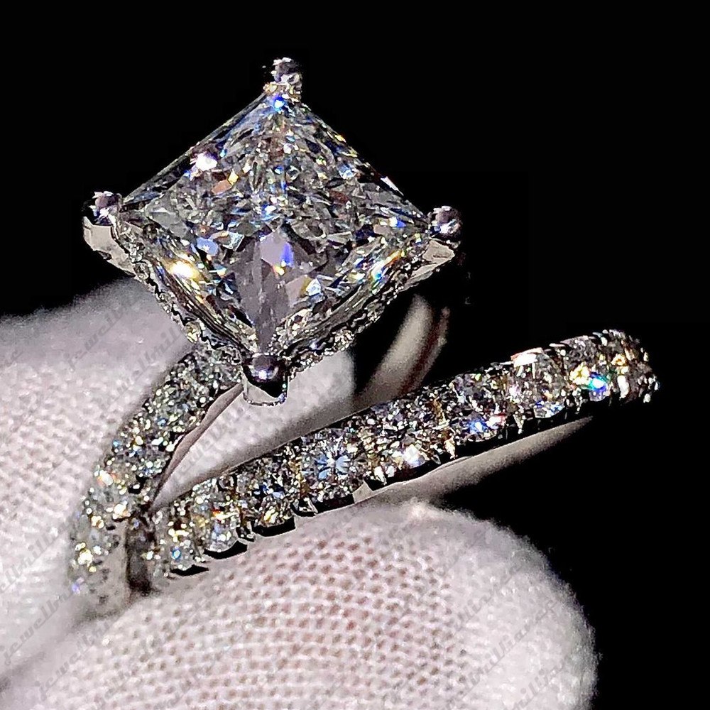 3.85Ctw Princess Cut Moissanite Bridal Set Engagement Ring 14K White Gold Plated