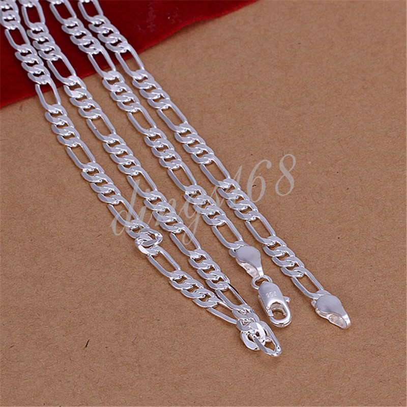 925 Sterling Silver 24 inch Shiny Italian Figaro 4mm Wide Chain Necklace E139