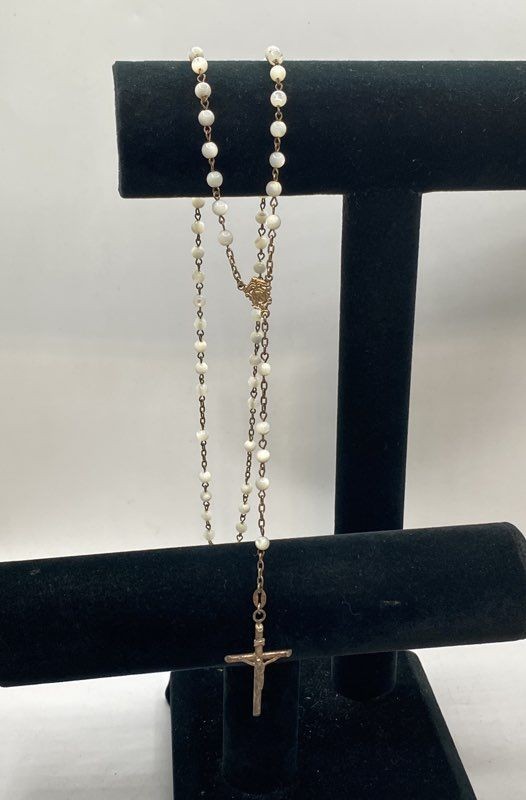 Vintage Italian 800 Silver Rosary Necklace White Iridescent Beads 24″ 17.0g