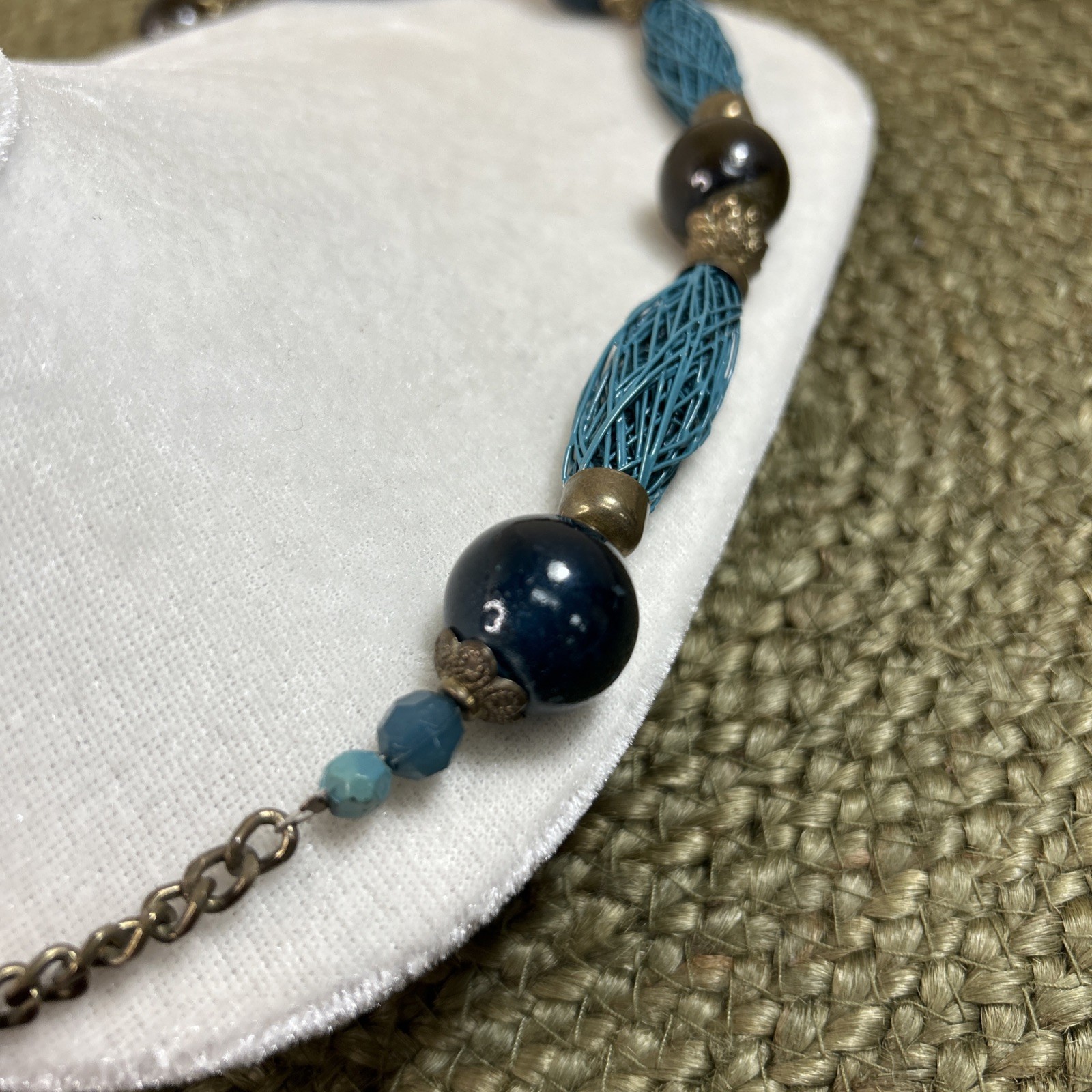 Vintage Chunky Necklace Blue Coated Wire Round Beads Muted Gold Accents