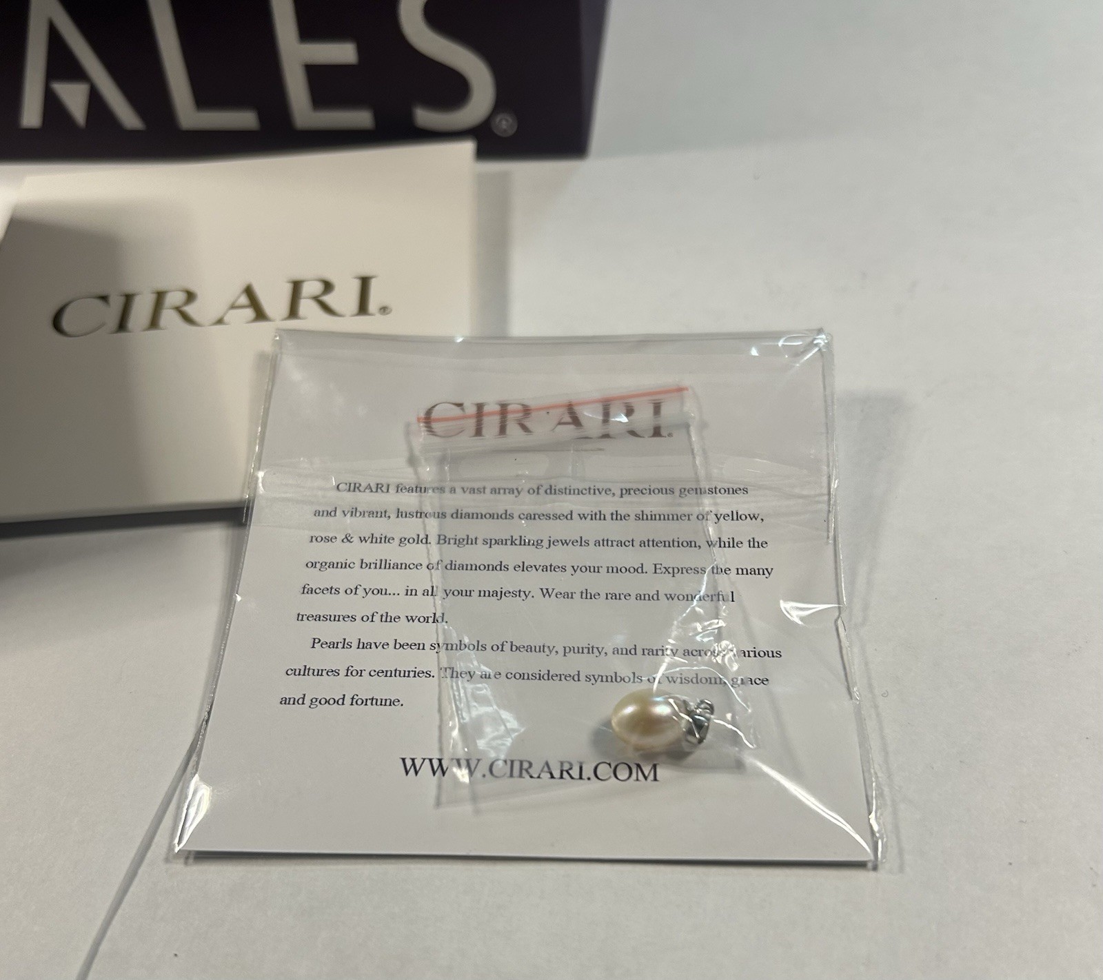 CIRARI 7.00 mm Pearl Charm With Zales Presentation Box, Gift Bag & CIRARI Cloth