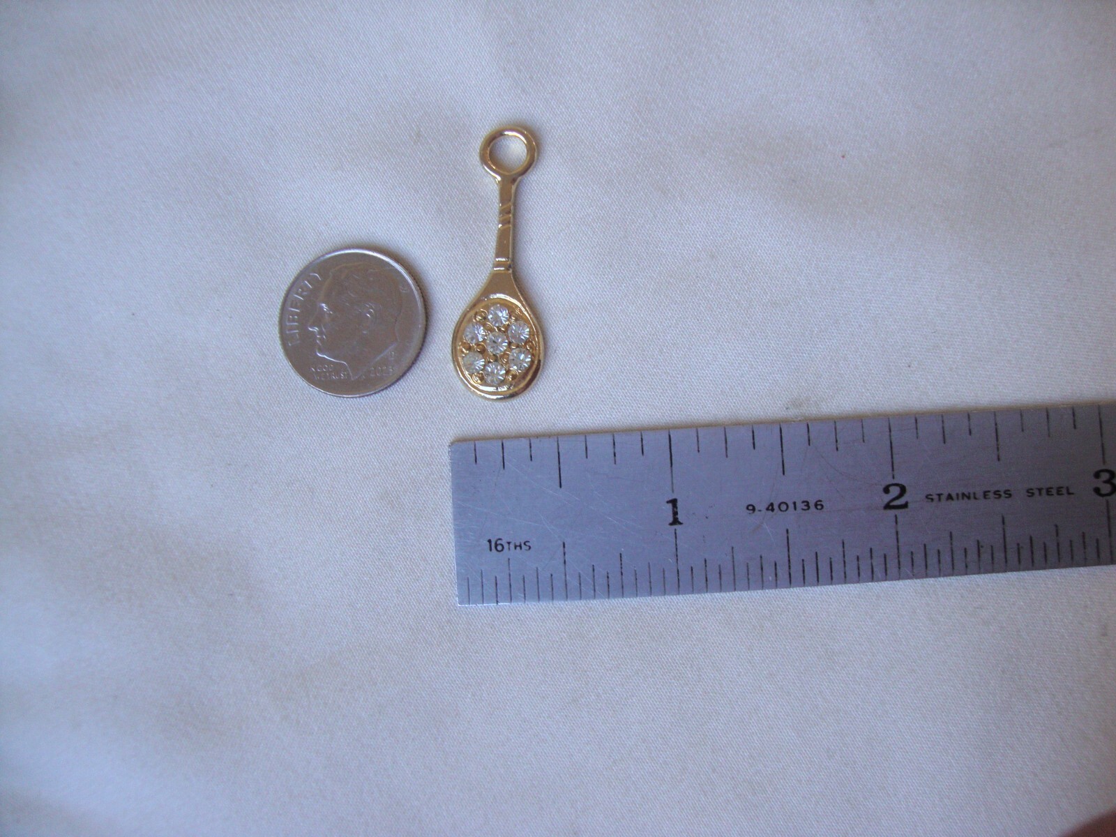 VINTAGE TENNIS RACKET CLEAR RHINESTONE CLUSTER GOLD TONE SLIDE CHARM/PENDANT