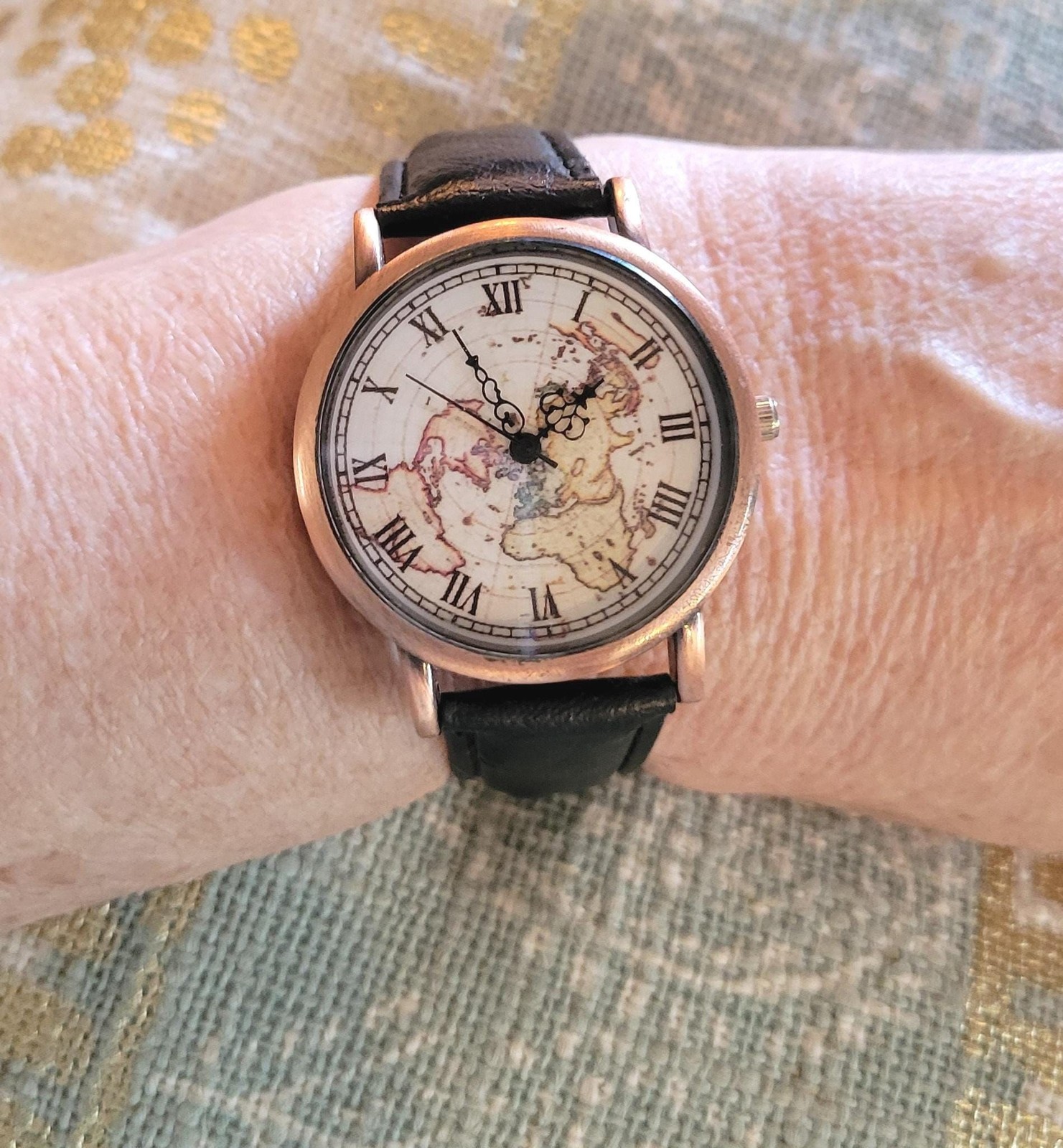 Vintage World Map Watch, Unisex, Black Leather Strap